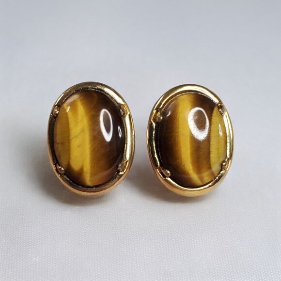 Other - Vintage Gold-Tone Oval Tiger Eye Gemstone Cufflinks For Men